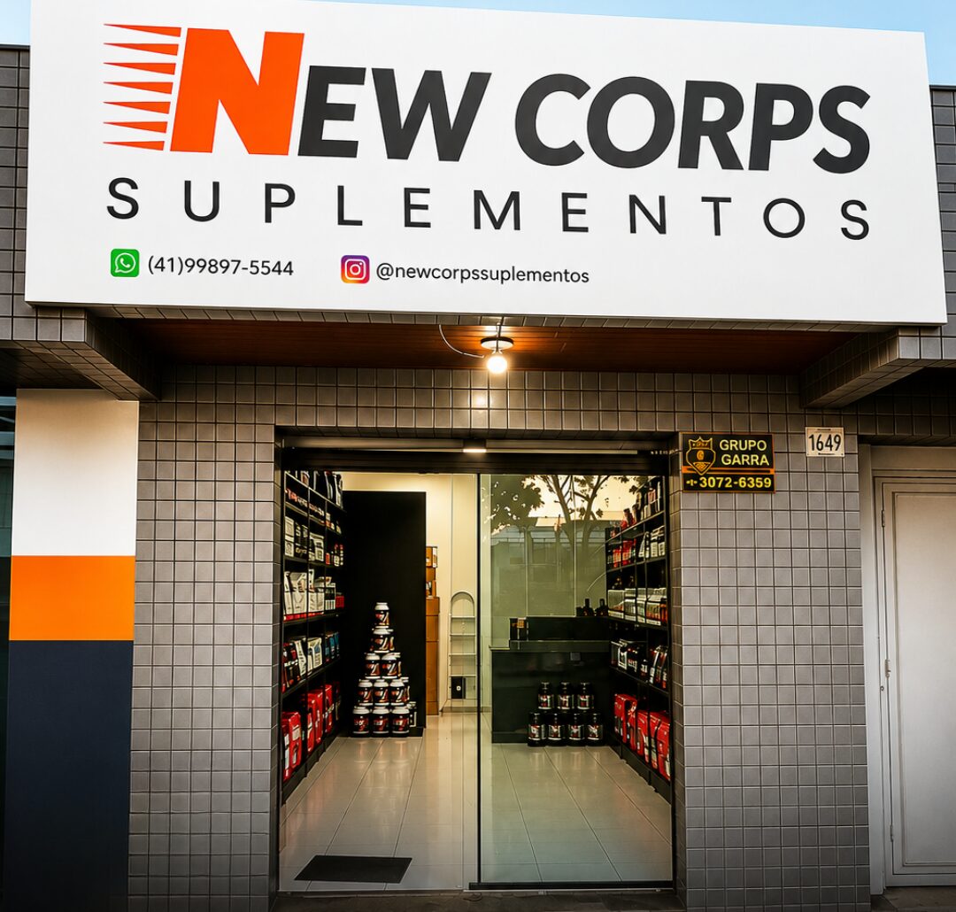 Fachada da loja New Corps Suplementos em Hauer, Curitiba