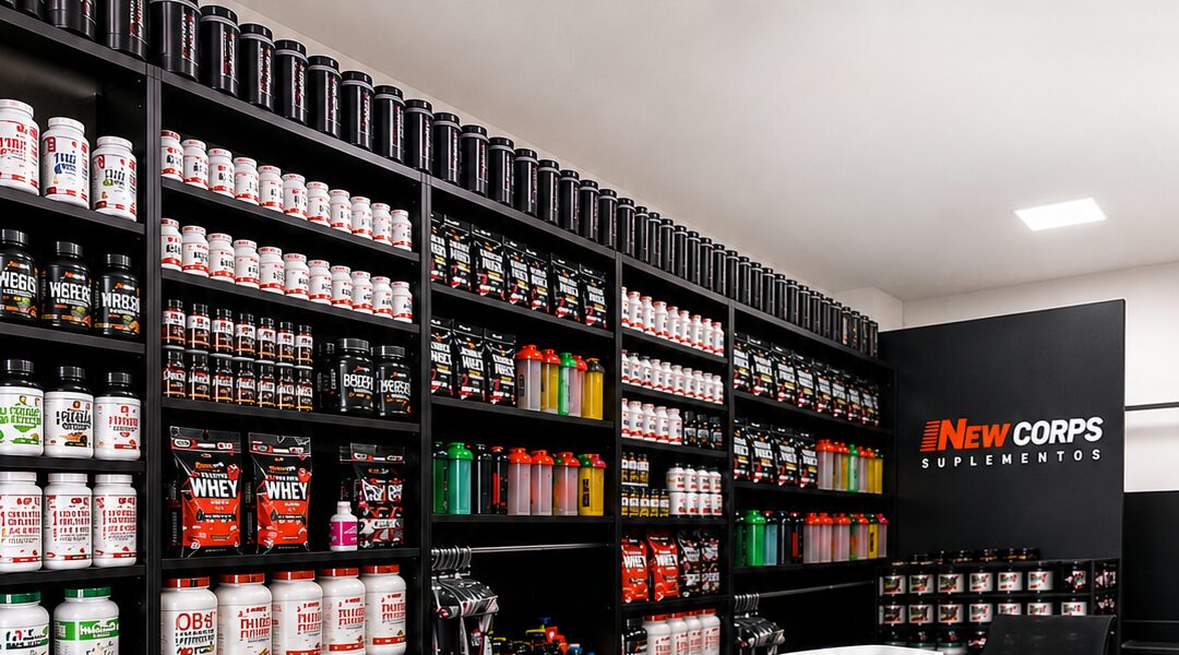 Interior da loja New Corps Suplementos, com prateleiras de produtos