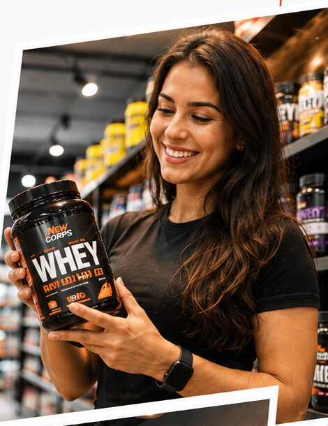 Cliente segurando um pote de whey protein na loja