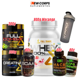 Combo: Whey 900g + Creatina Pura 300g + Pré Treino 300g + Bcaa 60c + Lipo 80c + Maca 60c + Coqueteleira